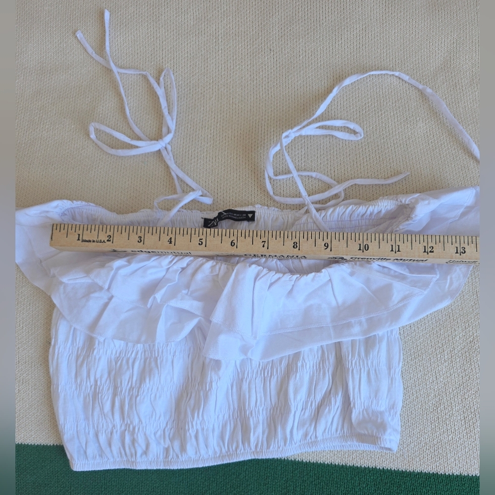 Zara White Ruffled Smocked Crop Top w Off-Shoulder Tie Straps NEW S Med - Picture 6 of 9